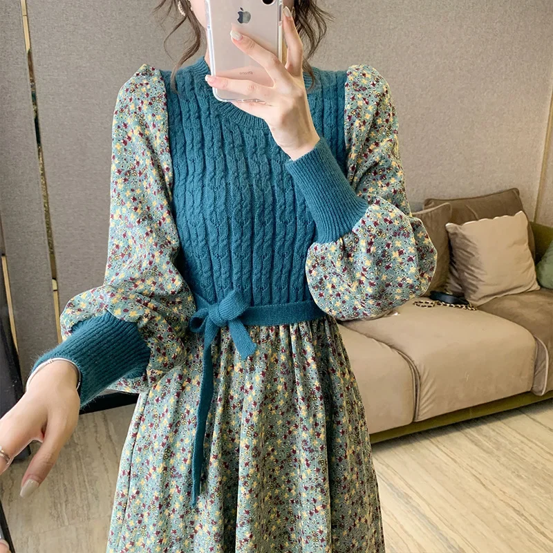 

Women Cottagecore Dress 2024 Vintage Korea Corduroy Floral Woman Dresses High Waist Stitching Bandage Knitted Clothes Slim Body