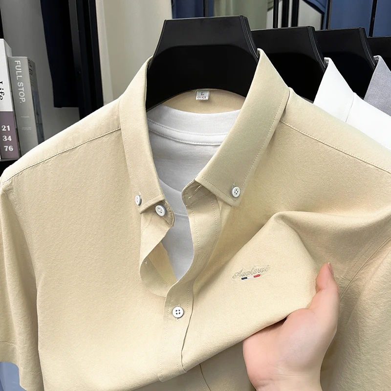 High end brand 100% cotton short sleeve shirt fashion embroidery men's summer solid color breathable comfort business casual top