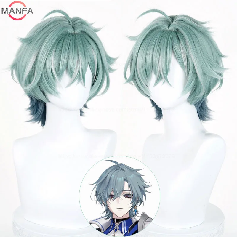 Peluca de Cosplay Genshin Impact Lohen, peluca corta de mezcla verde claro y azul, pelucas sintéticas resistentes al calor + gorro de peluca