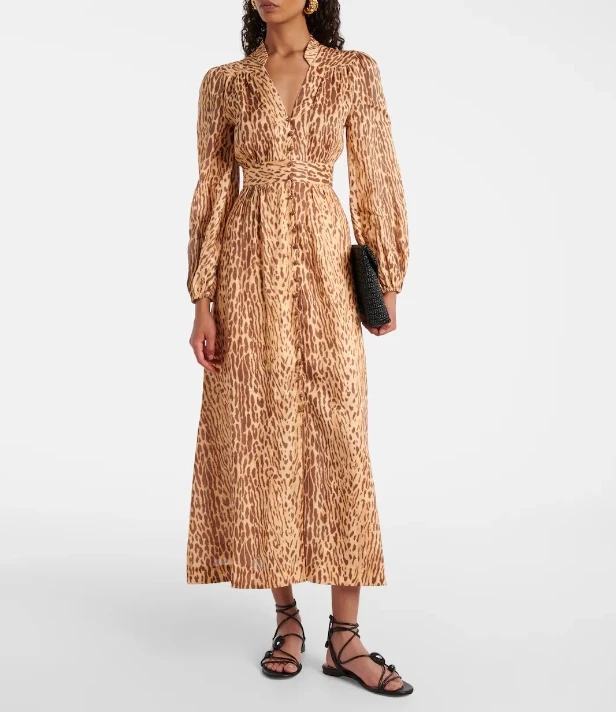 

2025 New Holiday Design Leopard Re-tro Classic Pure Linen High Quality Full Sleeve Women Midi Dress