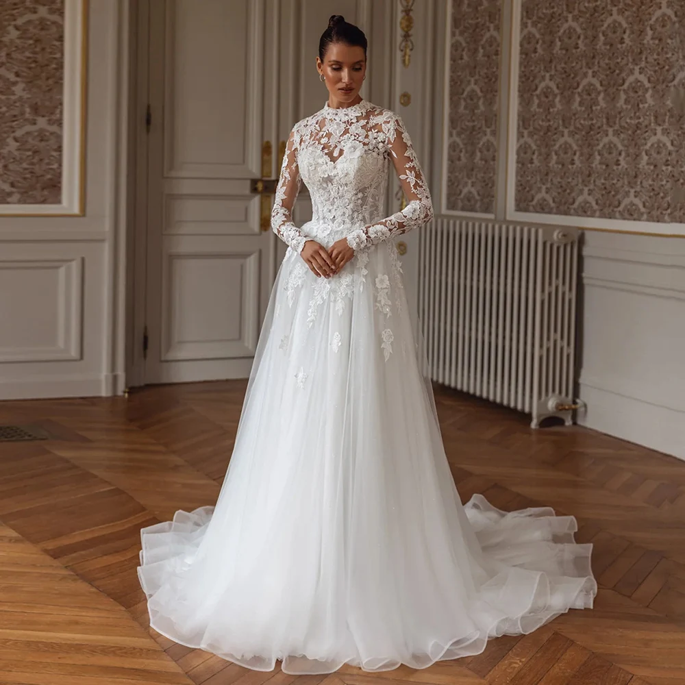 Vestido de novia de manga larga con cuello redondo para mujer, de línea A vestido de novia, apliques de lentejuelas, transparente, tren de corte