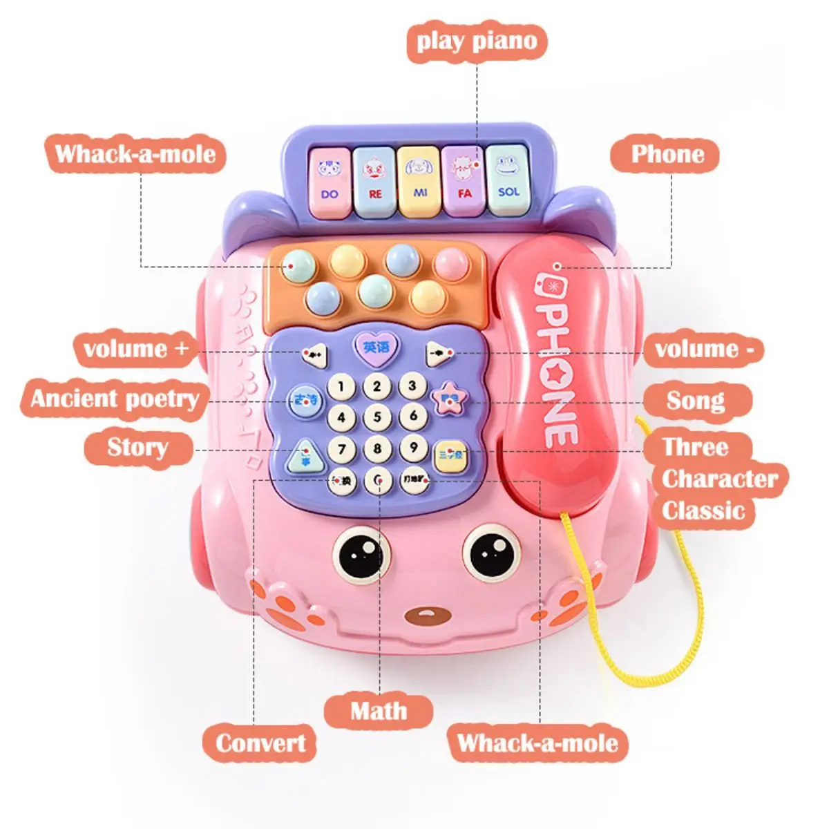 Telefone celular do bebê com luz, brinquedo dos desenhos animados, Piano Music Toy para crianças e crianças, telefone celular para menina, pai