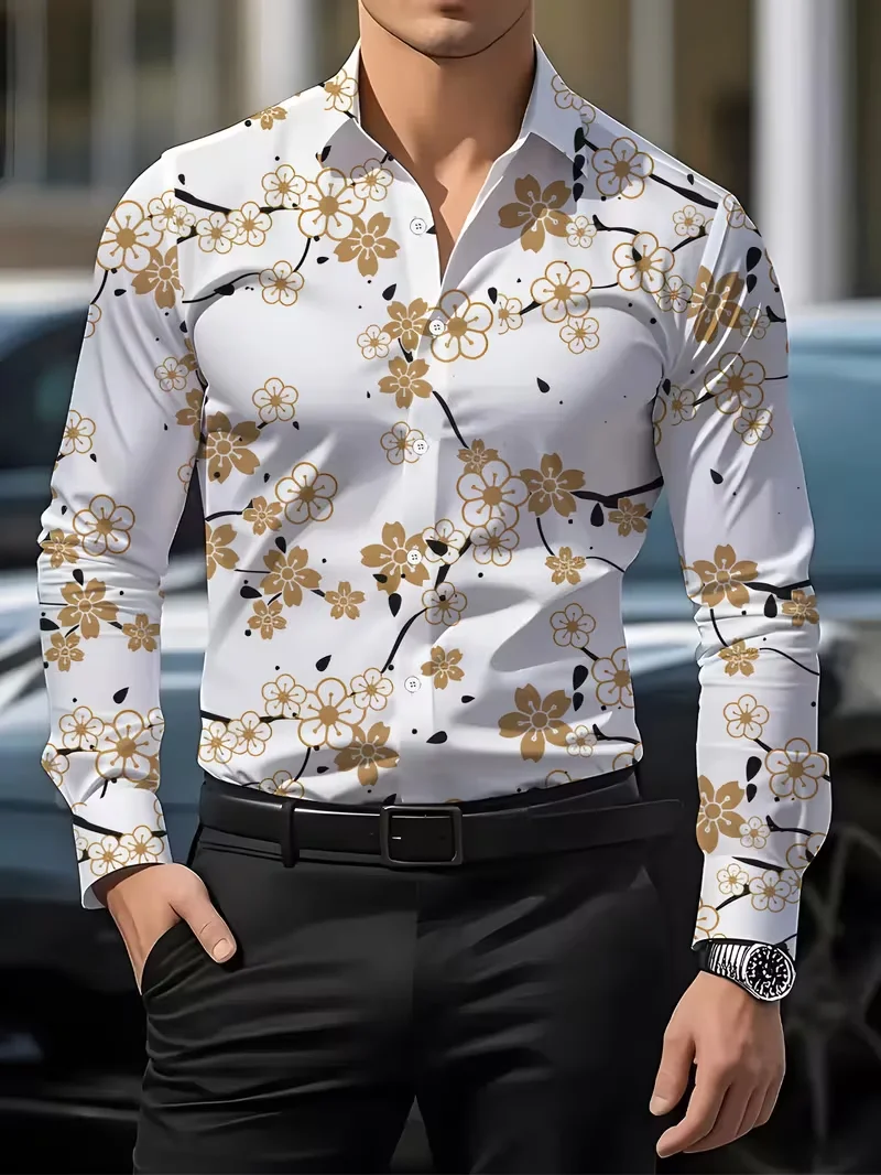 New Fresh Blue Flower Printed Shirt Men's Flip Collar Single breasted Daily Long sleeved Top Clothing