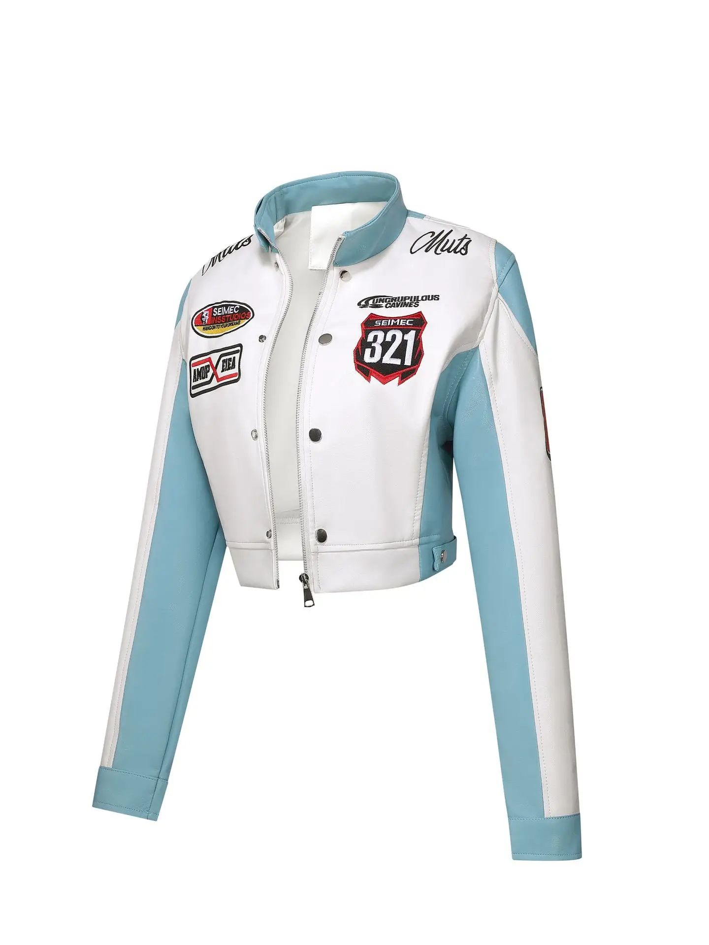 Women's Embroidered White PU Leather Jacket Motorcycle Wear Trendy Jazz Dance Autumn 2025 Collection New Arrival