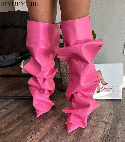 New European and American Slim High Heels, Knee High Boots, Pointed Pleated Metal Buttons, Women's Fashion Show, Winter Boots