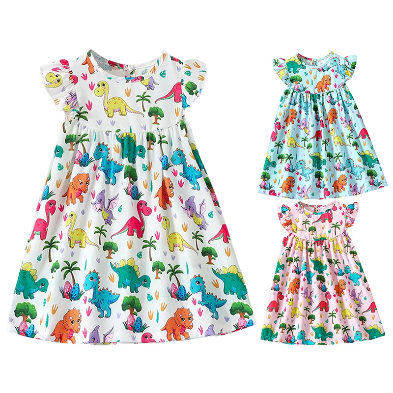 1-6 Years Toddler Girl Dinosaur Dress Flutter Sleeve Sundress Little Girls A-Line Summer Soft Dresses Casual Fashion Outfits