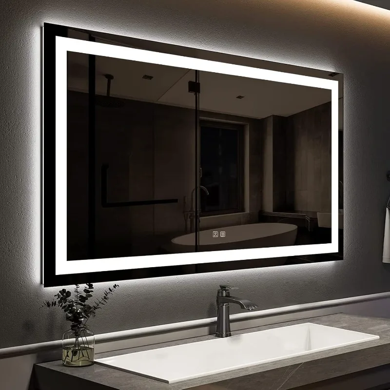 3 Colors and Dimmable Ligh 48 x 36 Inches LED Bathroom Mirror with Front and Backlit