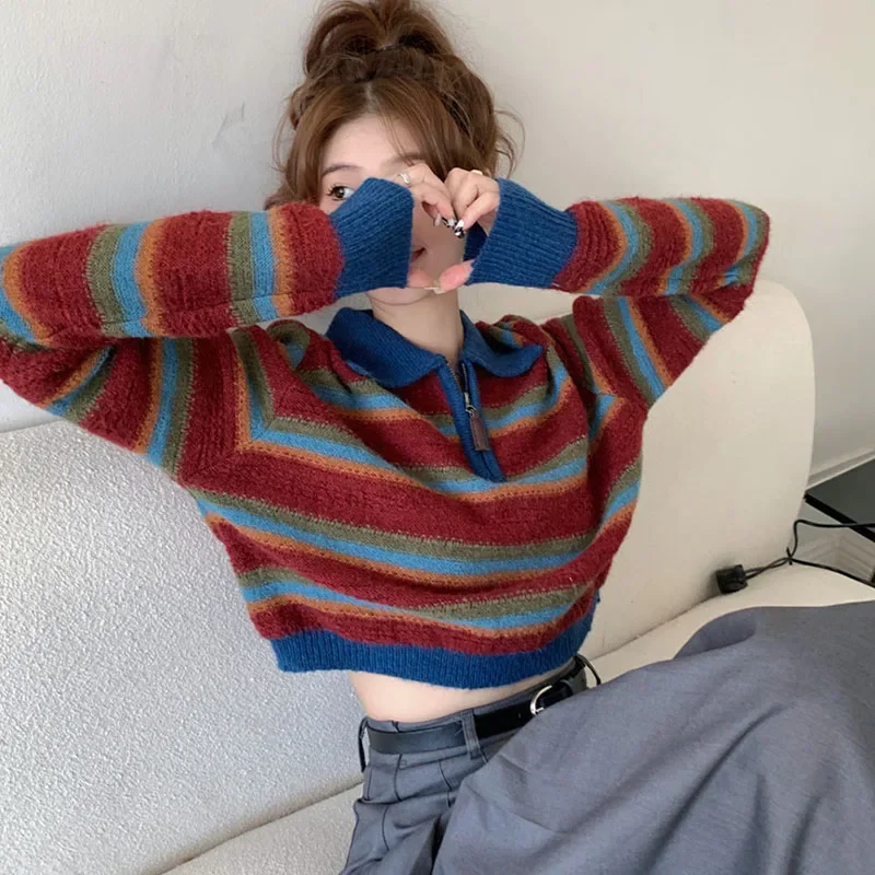 

Women's Vintage Striped Warm Pullovers Fashion Chic Zipper Turn-down Collar Thick Sweaters Autumn Winter Casual Wool Knitwear