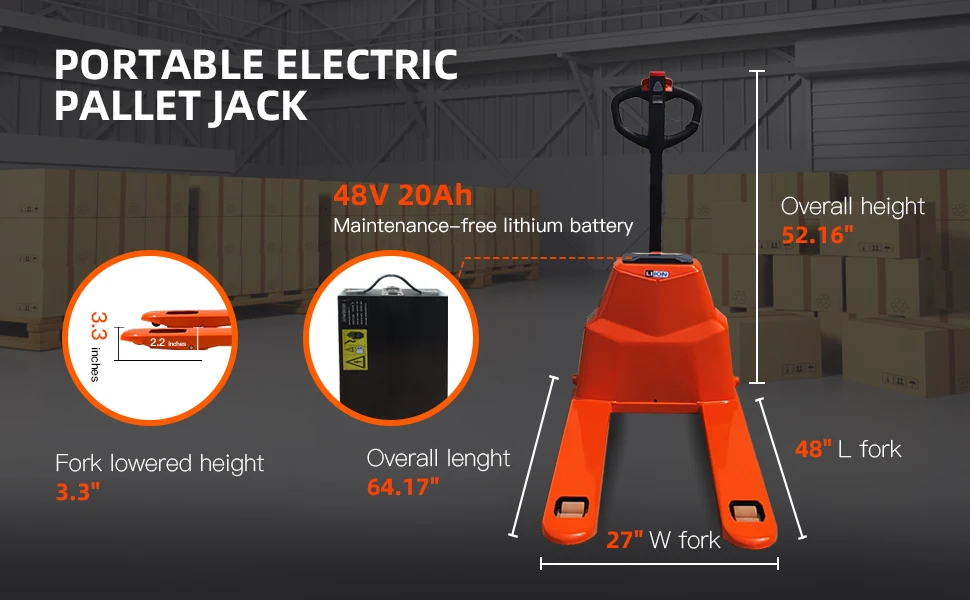 Heavy Motorized Electric Jack for Warehouse Material Handling 4400 Lbs, 48V 20Ah Lithium Pallet Truck, 45