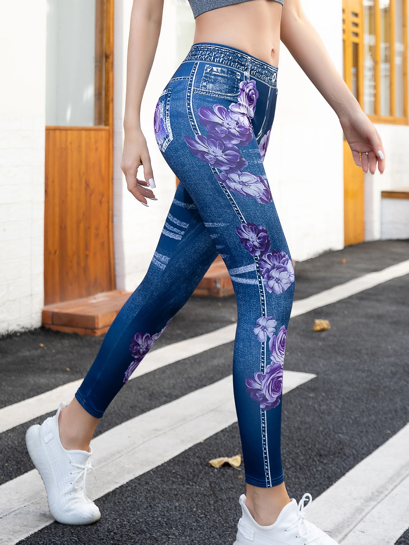 New High-waisted Elastic Imitation Denim Fashion Printed Leggings For Women Wearing Spring And Autumn Thin Nine-point Pants