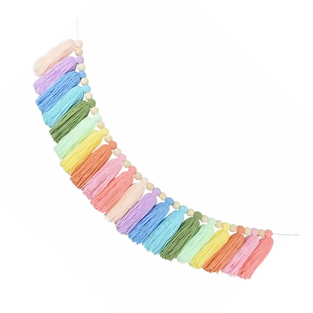 

Rainbow Tassel Wall Hanging Decor Cotton Garland For Bedroom Living Room Bohemian Hanging Hair Ball Wood Bead String