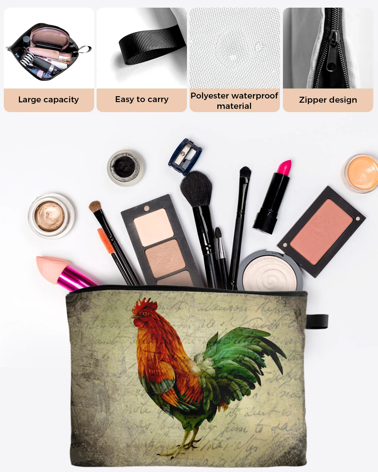 Animal Cock Retro Farm Rustic Large Capacity Travel Cosmetic Bag Portable Makeup Storage Pouch Women Waterproof Pencil Case