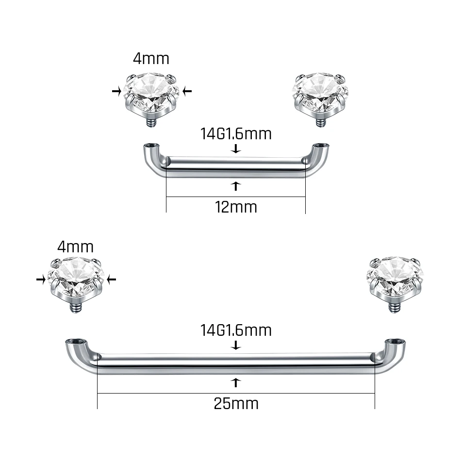 1PC Titanium Dermal Piercings 14G Internal Thread Crystal CZ Surface Bar Industrial Barbell Micro Dermal Anchors Rings Jewelry