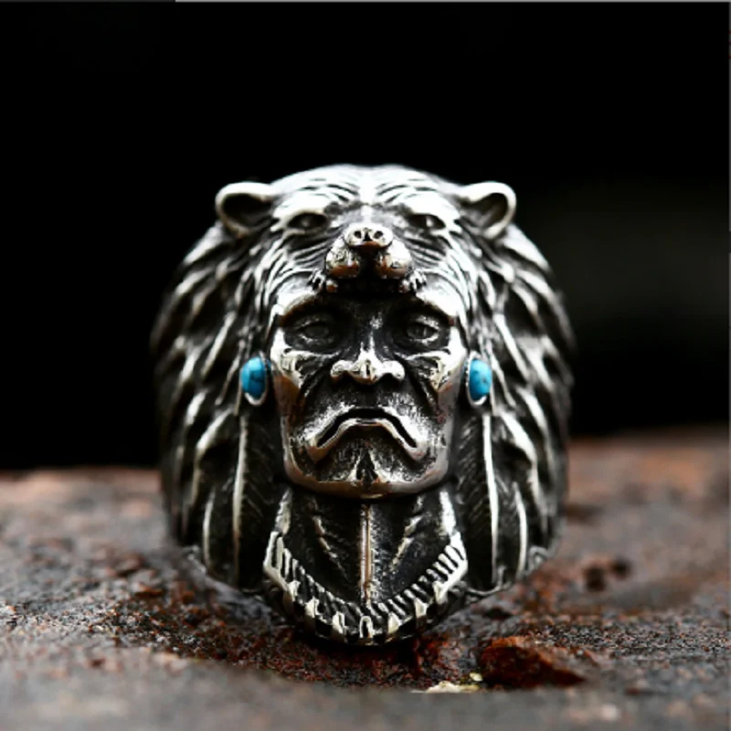 Megin D Stainless Steel Titanium Celtic Totem Indian Chief Wolf Head Boho Human Face Rings for Women Men Couple Gift Jewelry