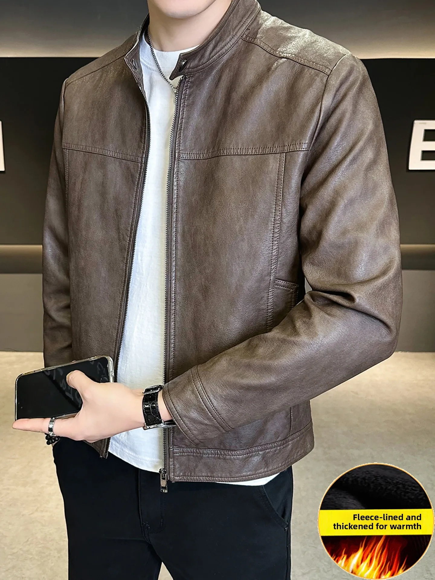 

Men's Fce Lined Slim Fit Thiened Stand Collar Warm Leather Jaet Faionable Urban Sle Long Sve ort Coat