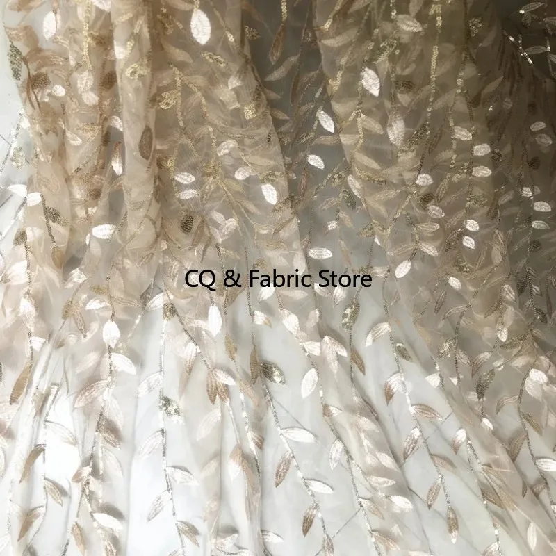 

Блестящая кружевная ткань с блестками и листьями дерева, вышитая для одежды, свадебного платья, дизайнерская ткань Skitr, сетчатая ткань