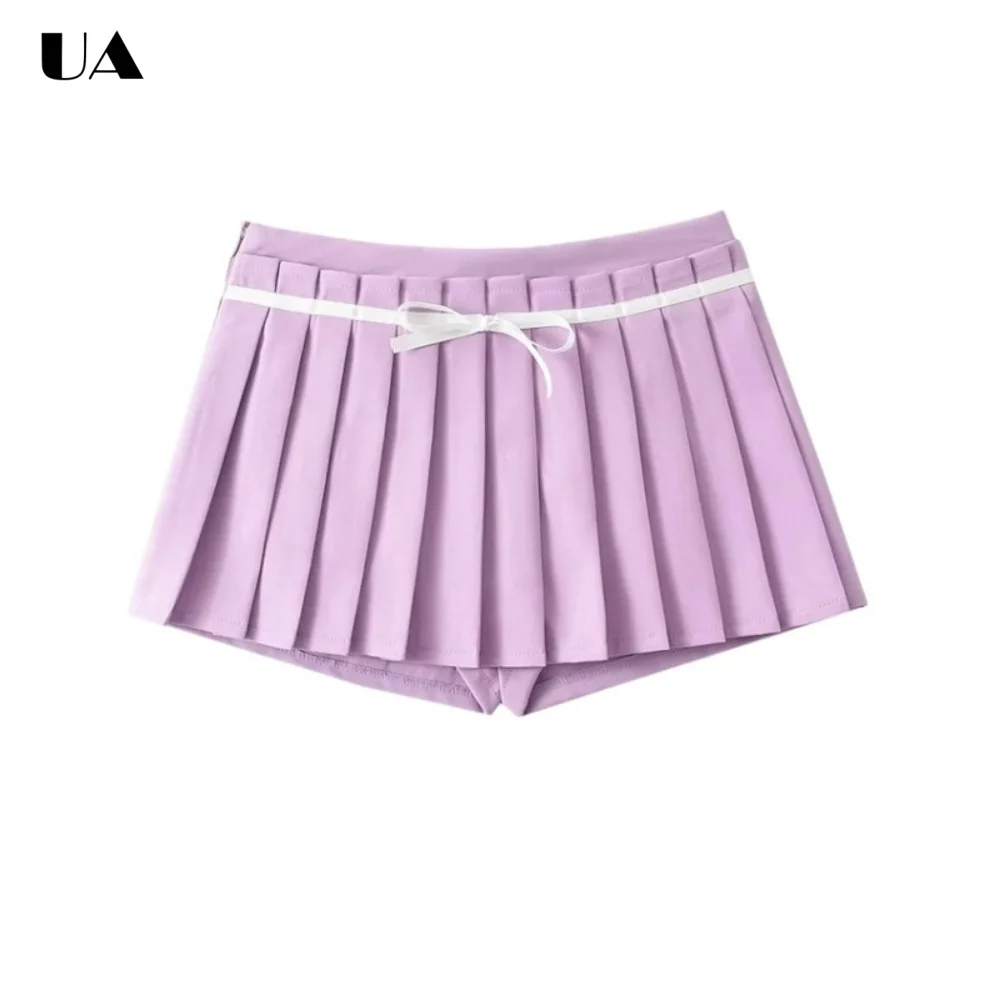 Sweet Solid Lace-up Bow Mini Skirt for Women, Trendy Ruched Unique Skirts, Easy Match Empire Women's Skirts, Safety Zipped Skort