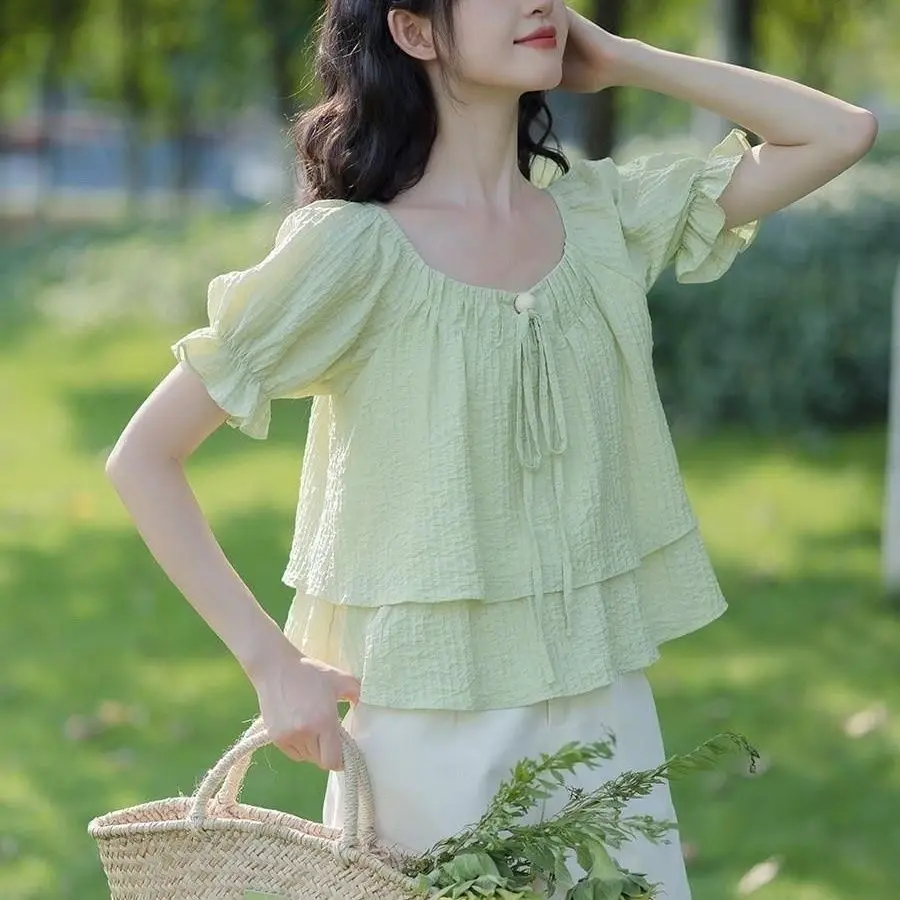 Bubble Short Sleeve Shirt Women Petite New Chinese Style French Doll Top