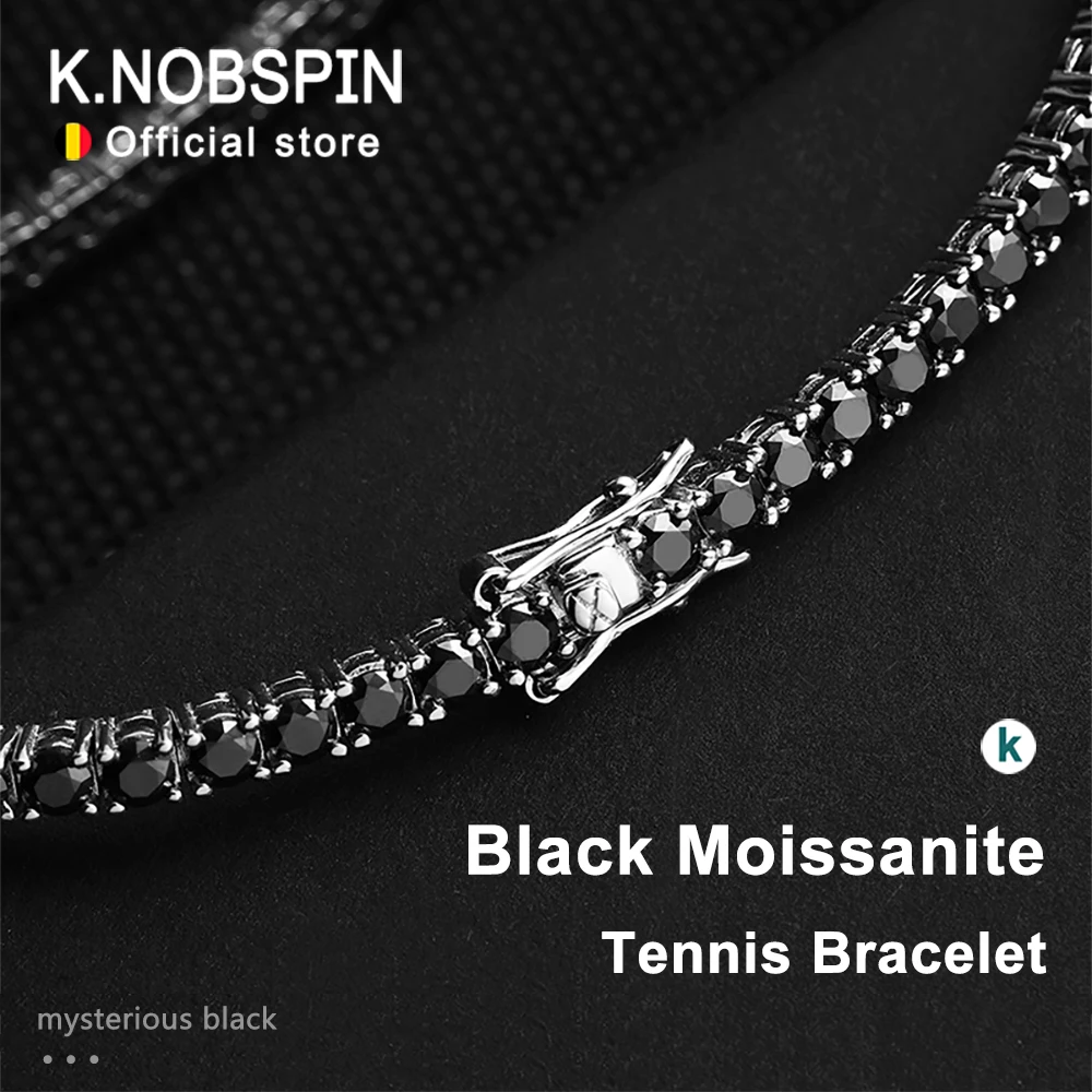 צמיד טניס מואיסנייט שחור KNOBSPIN, מצופה כסף סטרלינג 925, בציפוי זהב לבן 18 קראט לנשים וגברים, תכשיטי היפ הופ למסיבות