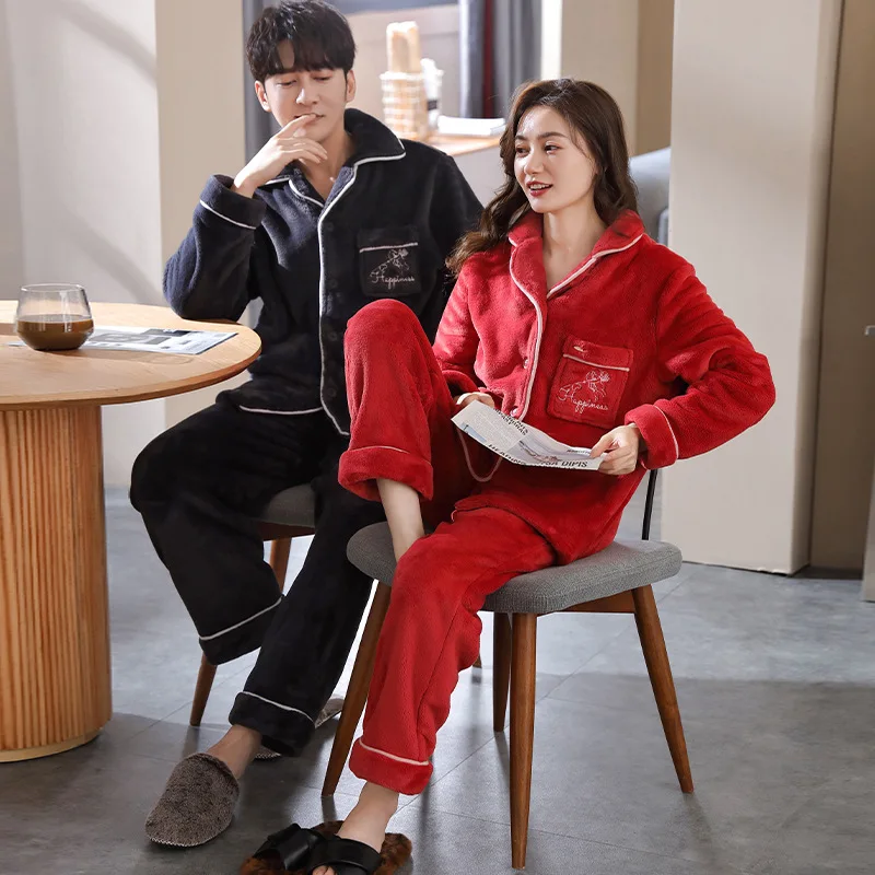 

Women Flannel Homewear Couple Cartoon Loose Casual Autunm Winter New Sleepwear Male Long Sleeve Coral Velvet Pajamas Nightwea