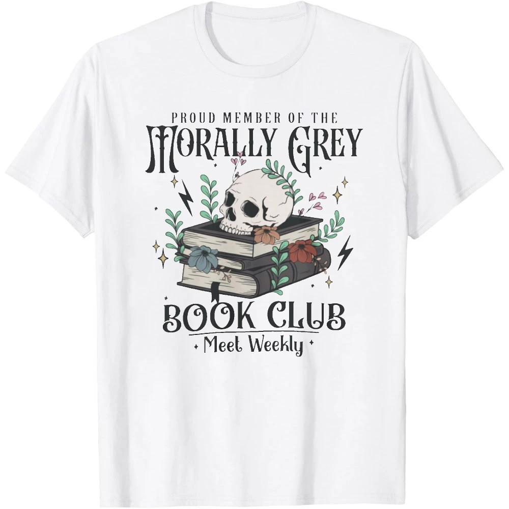 Morally Grey Book Club Skull Floral Stacked Books Graphic T Shirt Dark Romance Book Lover Vintage Gothic Print Reading Tops