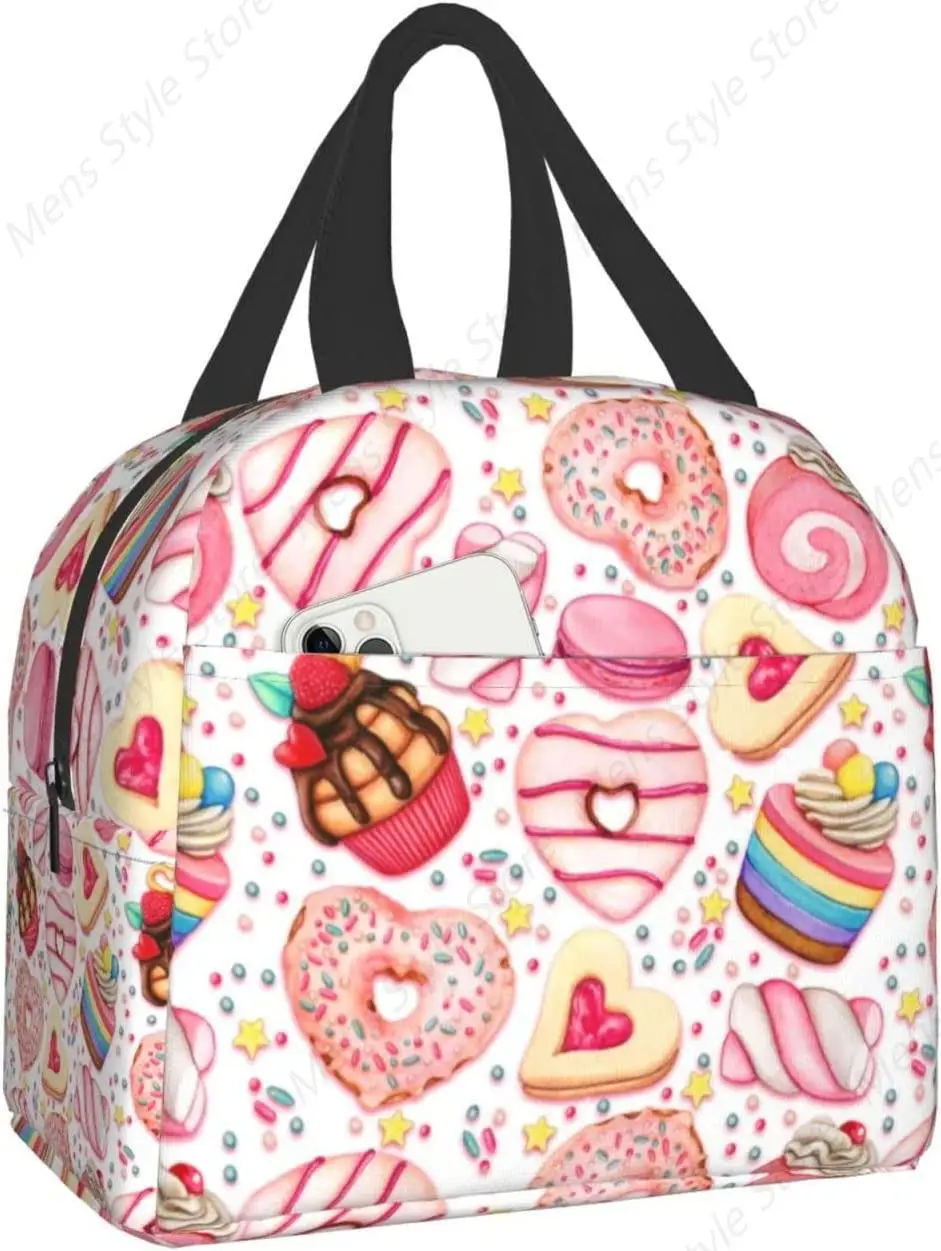 Cute Donut and Cupcake Print Lunch Box, Kawaii Small Insulation Lunch Bag, Reusable Food Bag Lunch Containers Bags for Women Men