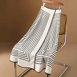 Summer New Casual Fashion Light Luxury Design Black White Striped Women Skirt High End Hepburn Style Long Skirt