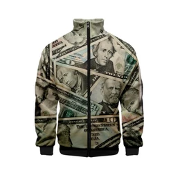US Dollar Money Bomber Jacket for Men 3D Print Jacket Harajuku Hip Hop Style Stand Collar Zipper Sweatshirt Casual Sportswear