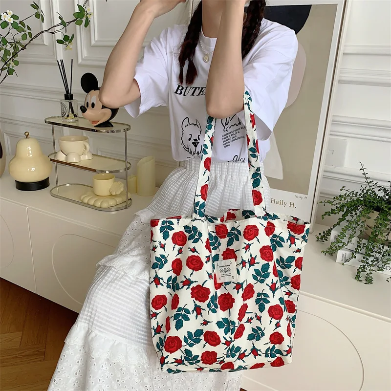 

Canvas Shoulder Women's Tote Bag Fashion Flower Casual Large Capacity Handbags for Women Travel Solid Shopper Bag