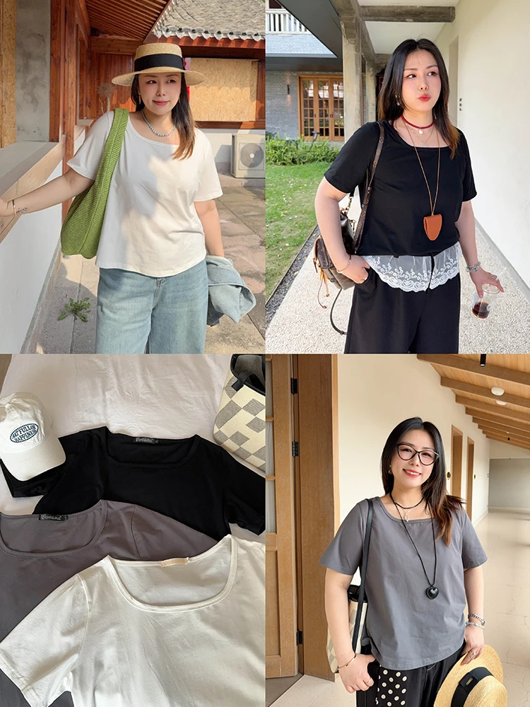 VOGANA Large Size Women's Basic ort Sve U-Ne Pure Color Top Loose Slimming Cotton T-irt Commute Sle Korean Version