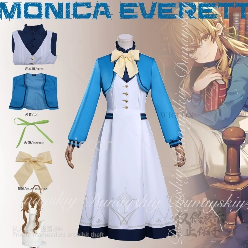 أسرار مو الساحرة الصامتة أنيمي مونيكا ايفريت تأثيري مع فستان أزرق أبيض لون القهوة شعر مستعار زي جميع مجموعة كوس