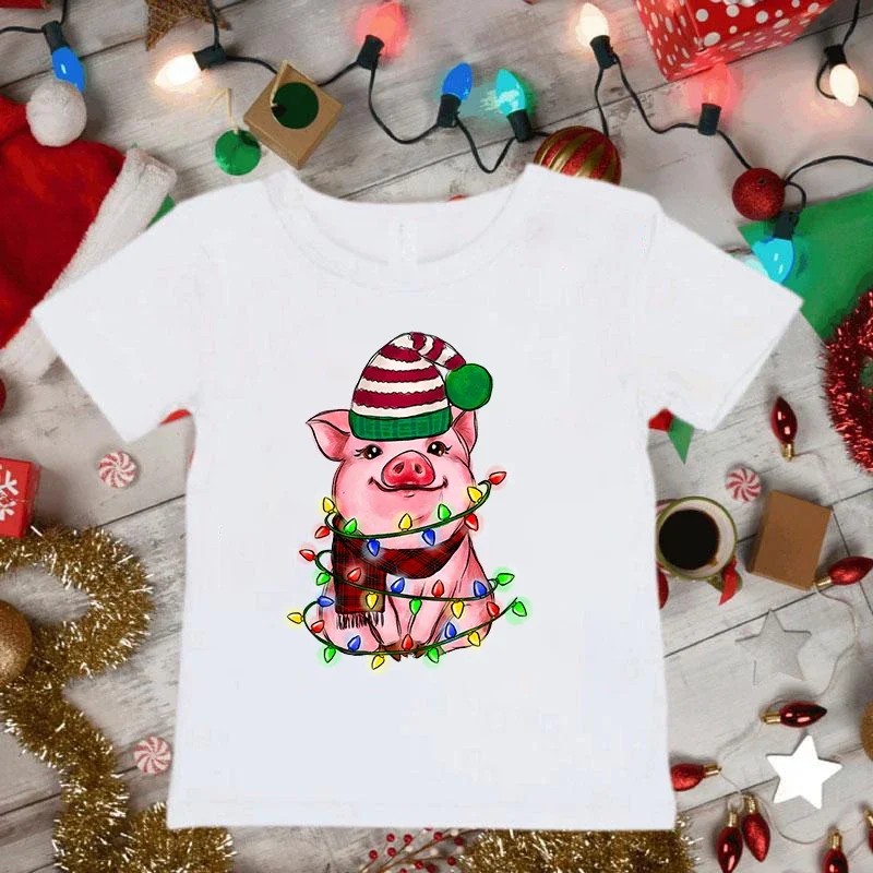 Christmas Pig Lights T-shirt Cute Animal Sloth Cow Clothes Short Sleeve T Shirt Merry Christmas Boys Girls Tshirt