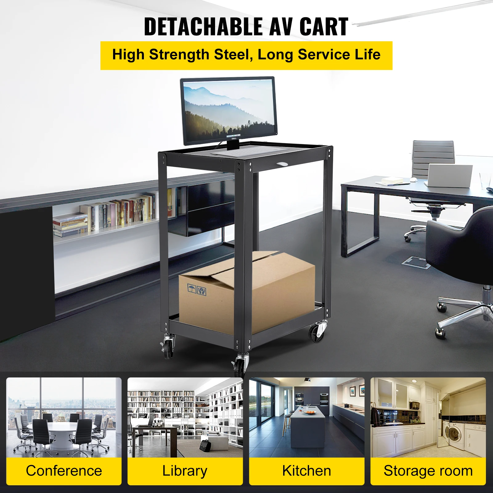 VEVOR AV Cart 26Inch Height Media Cart w/ Power Strip Presentation Cart w/ Shelves Casters Locking Brakes for Offices and School