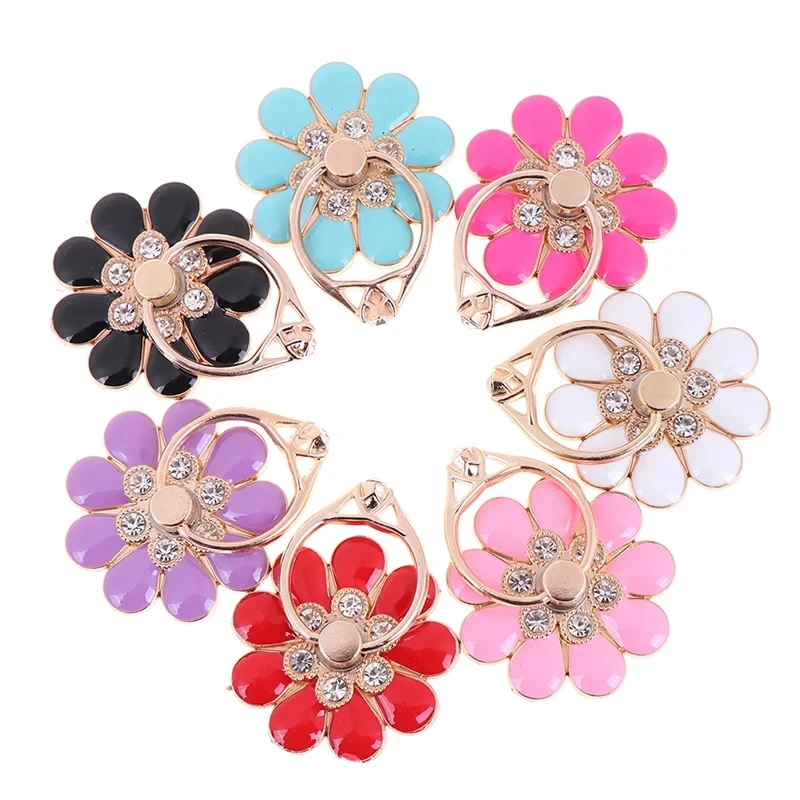 حامل هاتف محمول على شكل زهرة ، درجة دوارة ، ماس معدني ، مشبك حلقي صغير