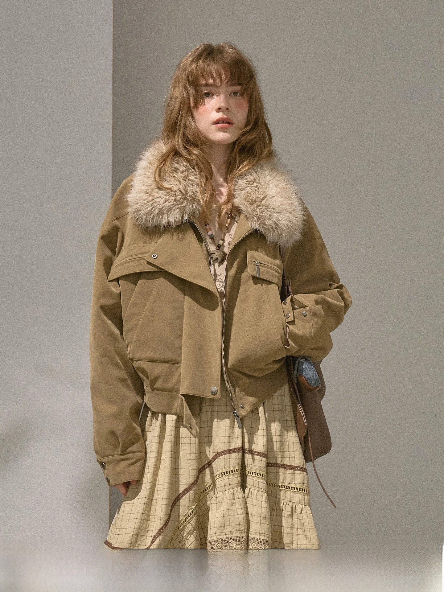 

DIDDI MODA Waed PU ort Jaet Women's Loose Workwear Coat with Fur Collar Winter New Sle K696 Long Sve Zipper