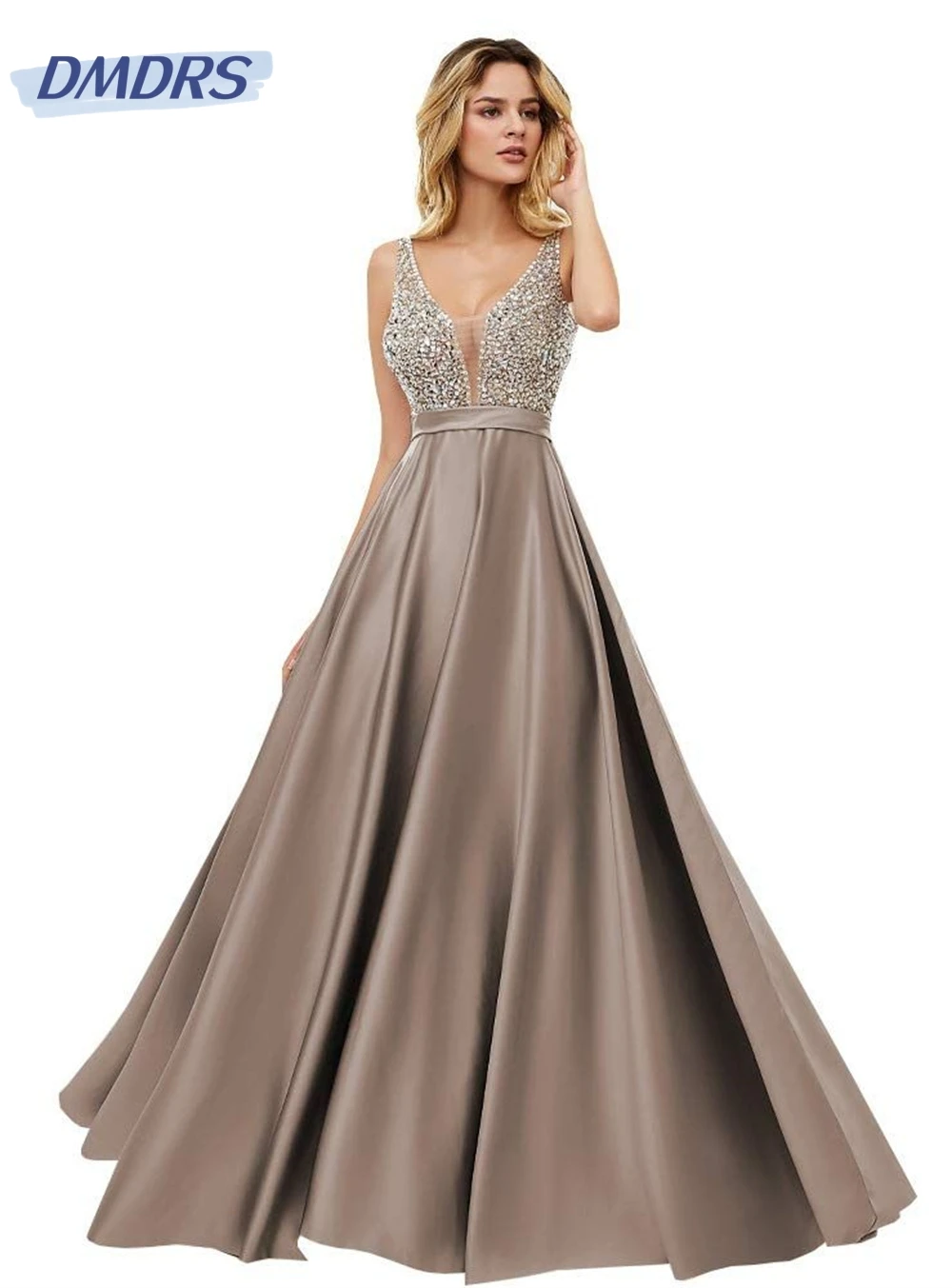 

Sexy Deep V-neck Long Dress Elegant Lace Printed Bridesmaid Gowns Formal Banque tDresses High Quality Satin Bride Gown