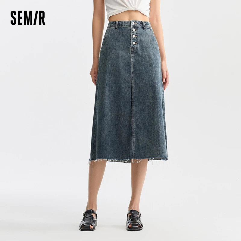 Semir Women Denim A-Line Skirt 2024 Summer New Trendy Retro Style Cool And Versatile Long Skirt