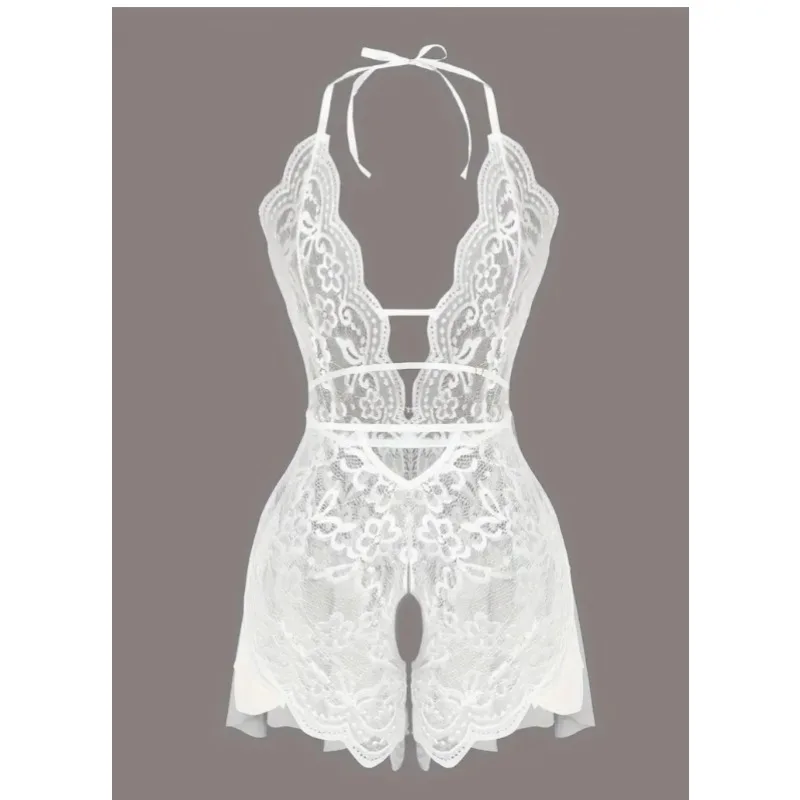 Women's Summer Sexy Halter Halter Dress Open Bra Crotchless Tight Solid Color Pajamas Lace Lace Hollow No Underwire Home Wear image 2