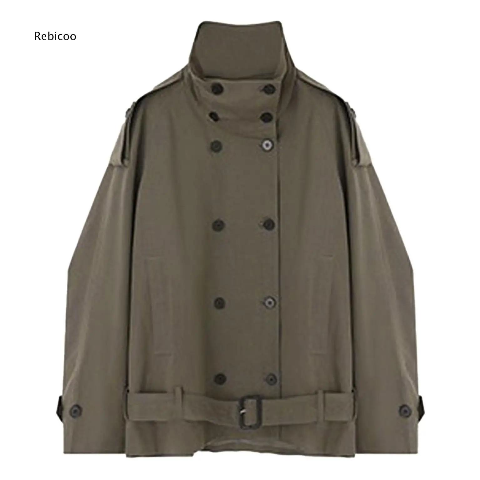 Female Daily Commute Windbreaker Short Coat Stand Collar Epaulet Design Double Breasted Buckle Waist Belt Loose Casual Outer Top