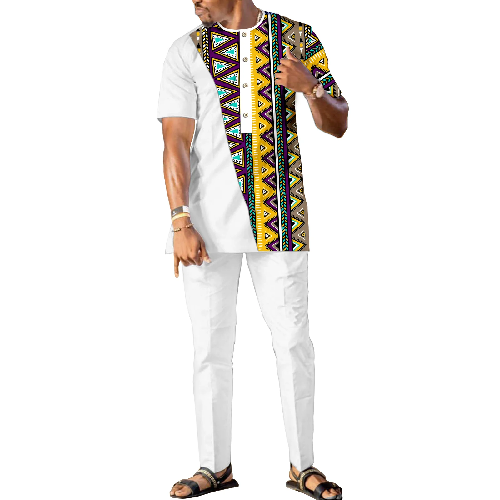 

African Clothes for Men Shirt Pants Outfits Fashion Short Sleeve Dashiki Casual Tribal Attire v2316082