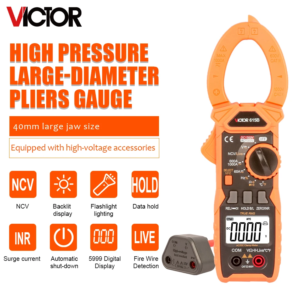 VICTOR Digital Clamp Meter Multimeter 6000Counts 1500V DC/AC Voltage Current Resistance Capacitance Frequency Temp NCV Diode Te