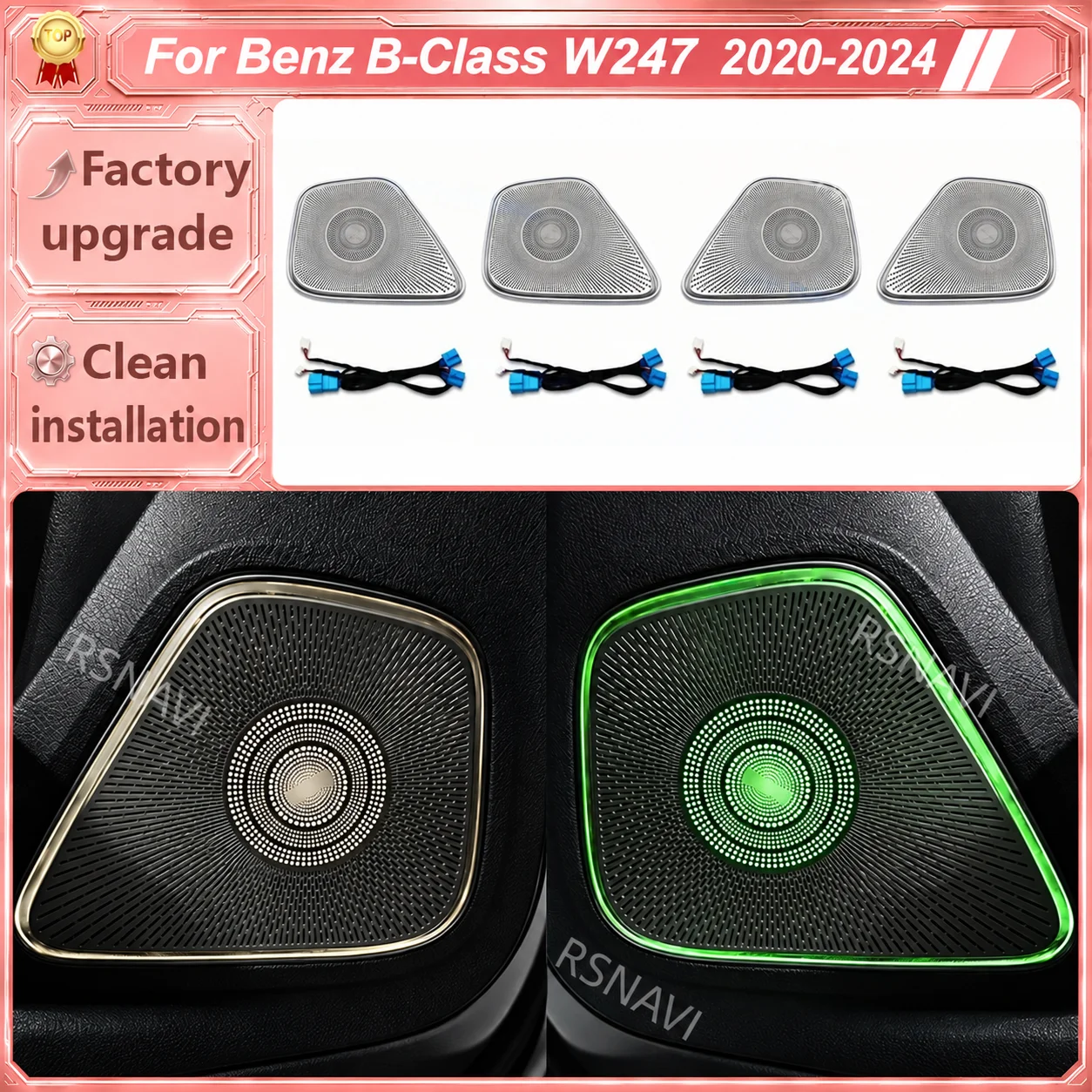 4-Door Midrange Speaker Covers with Ambient Lighting, Cabin Audio Decorative Trim Parts for Mercedes-Benz B-Class W247 2020-2024
