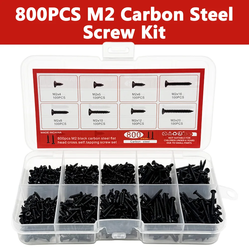 800PCS M2 Black Phillips Self Tapping Screw Assortment Kit Locking & Wood Screws Set for Various Applications