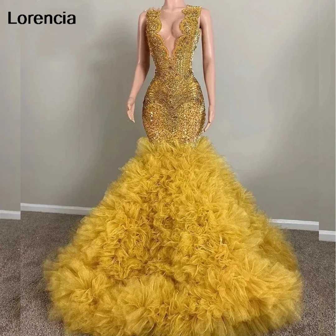 Lorencia Sparkly Gold Diamonds Mermaid Prom Dress Black Girls Beads Rhinestone Layered Ruffles Party Gown Robe De Soirée YPD30