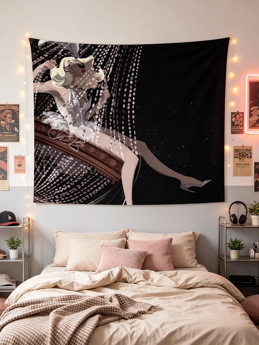 1PC Vintage Flapper Girl Tapestry, Retro Cabaret Lady Beaded Print Wall Hanging, Dark Art Background Cloth Bedroom Decor - view 3
