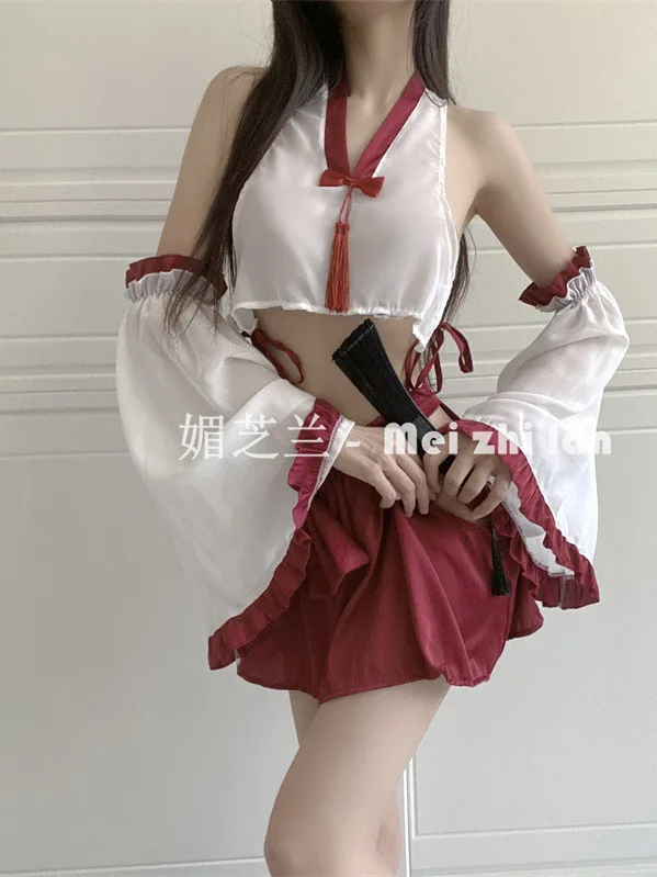 New Style Elegant Nightclub Erotic Sweet Tassels Top Red Cute Sexy Side Hollow Out Bow Tie Skirt Set Passion Romantic Soft N5E1