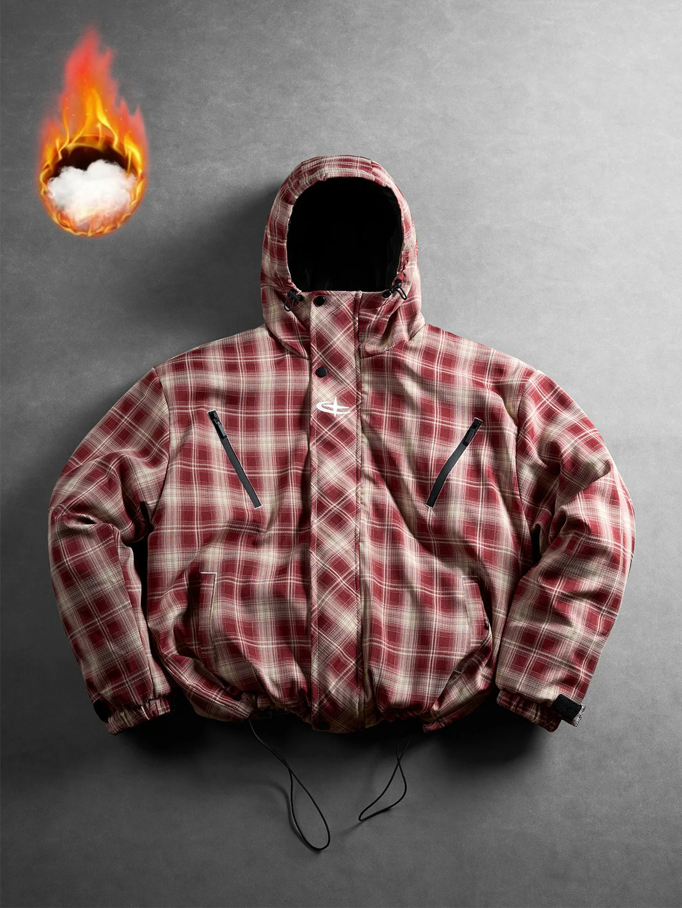 Men's Red Plaid Hooded Cotton Jacket, simple logo print on chest, diagonal zipper pockets, adjustable drawstrings on hood and hem, velcro cuffs, loose fit, warm outdoor casual top for autumn and winter