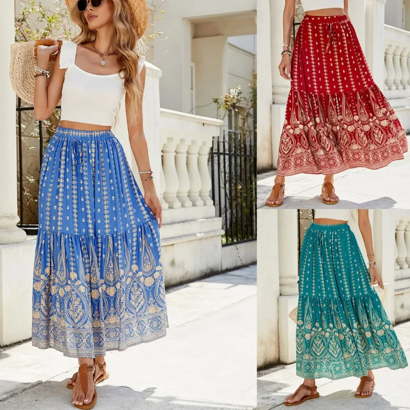 Women Spring Summer Print Patchwork Flowy Maxi Skirt Beach Vacation EU US Style