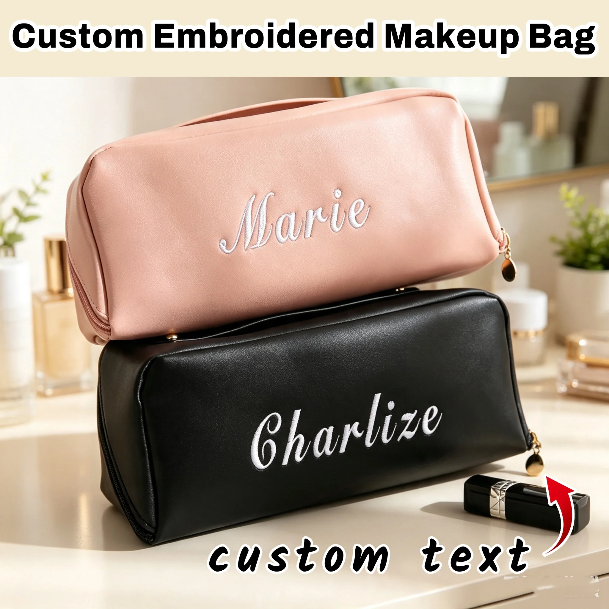 Personalized Name Box - 名前刺繍入りパーソナライズドレザーメイクアップバッグ、大容量トラベルトイレタリーポーチ、携帯用防水耐摩耗性コスメポーチ