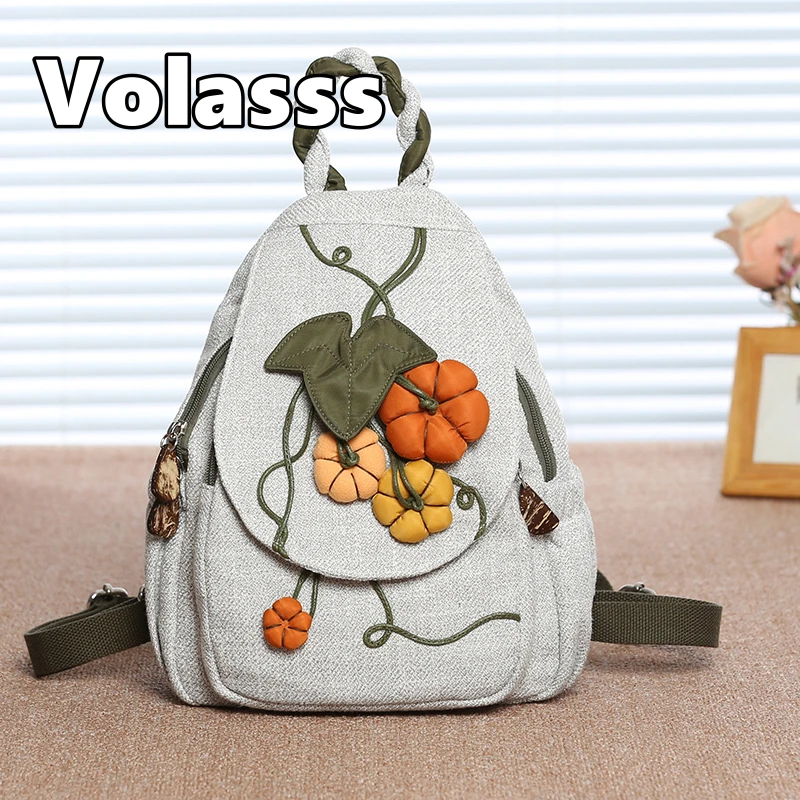 

VOLASSS New Ethnic Style Canvas Backpack For Women's Handmade Large Capacity Chest Bag Versatile Pumpkin Print Travel Bags Purse